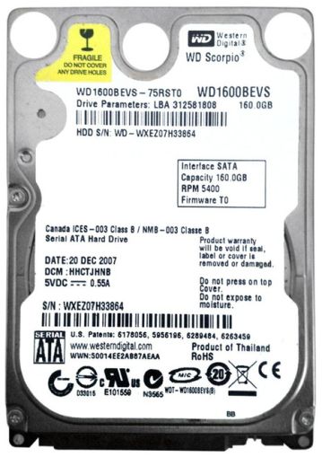 Хард диск WD 160GB, 2.5", 5400RPM, SATA 1.5Gb/s 8MB Cache, WD1600BEVS